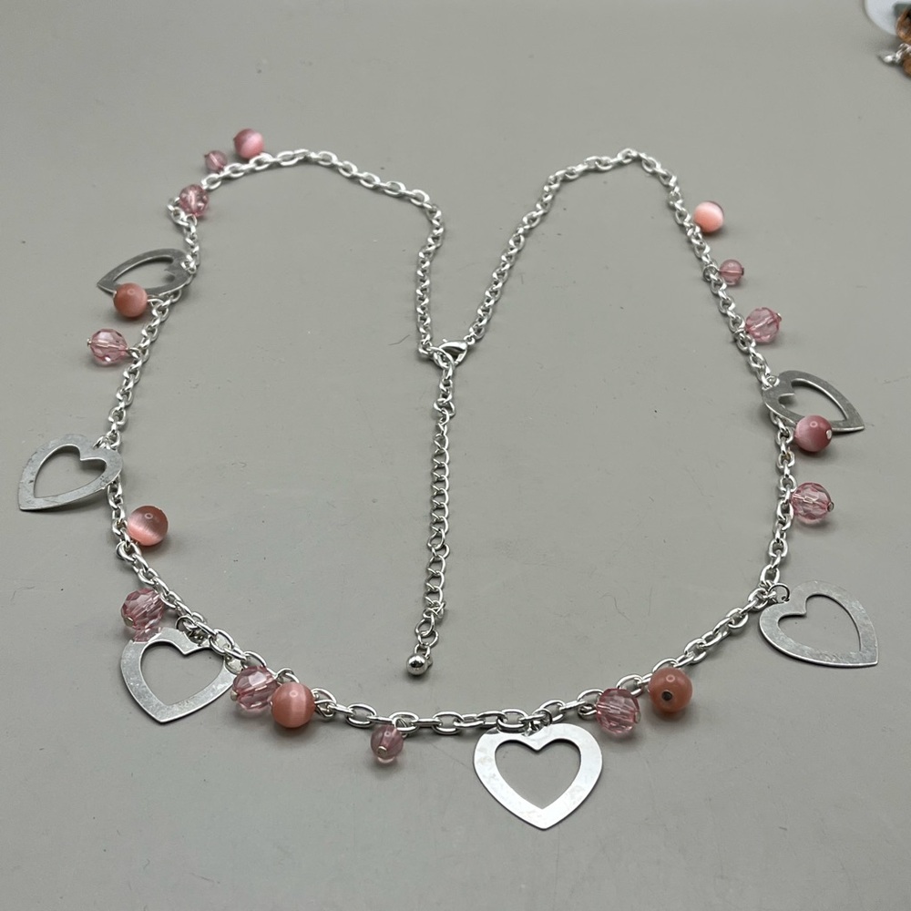 Silver Heart Charm Necklace with Pink Accents-Y2K Aesthetic